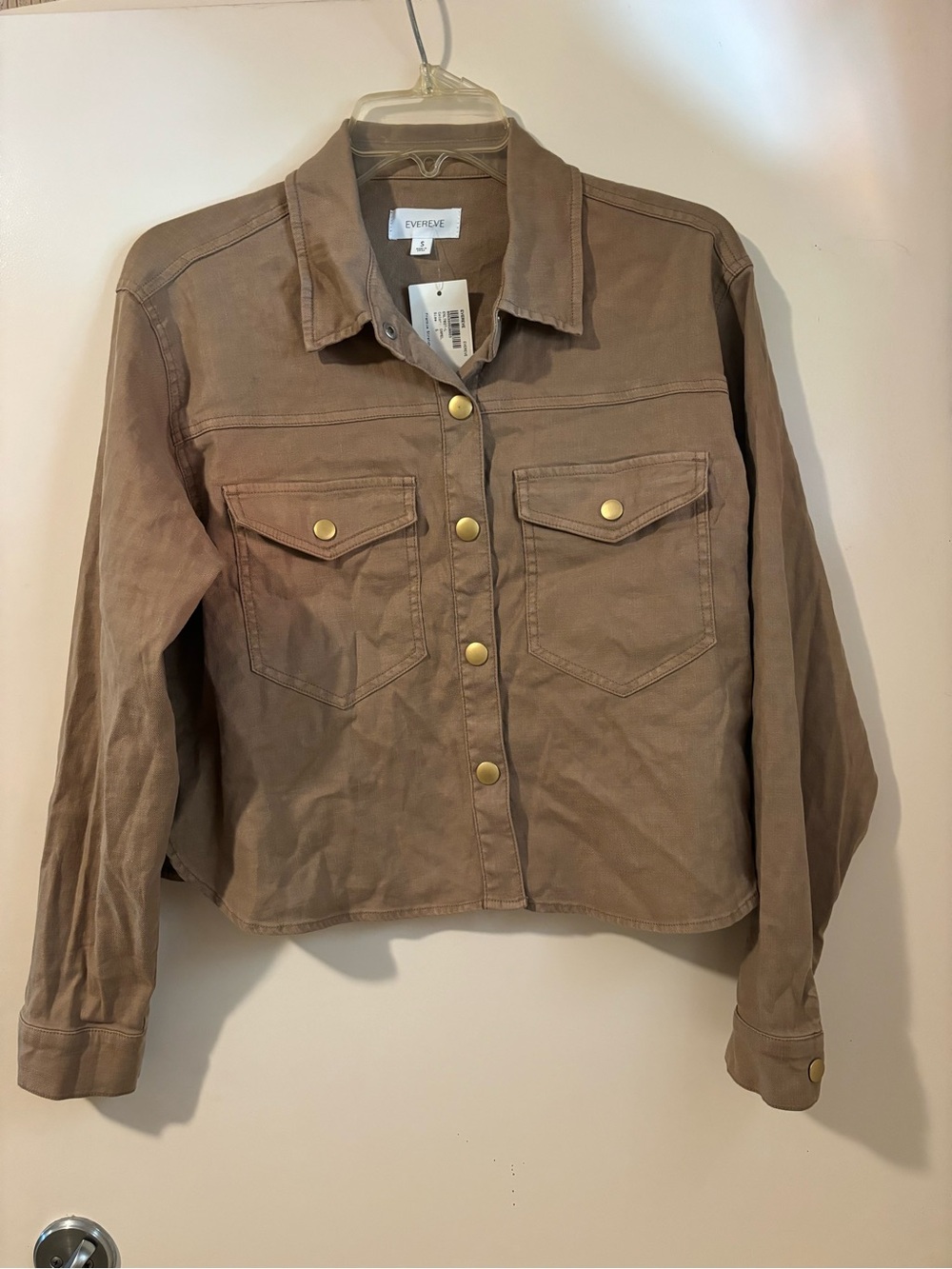 Evereve Frankie Stretch Linen Shacket in Camel, Women’s Small, NWT